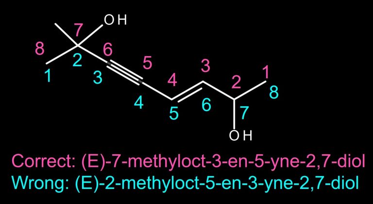 (E)-7-methyloct-3-en-5-yne-2,7-diol. Alkene Alkyne Naming Priority IUPAC Nomenclature Organic Chemistry